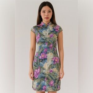 EUC Traditional Chinese Dress Mini Green with Embroidered Purple Flowers Small